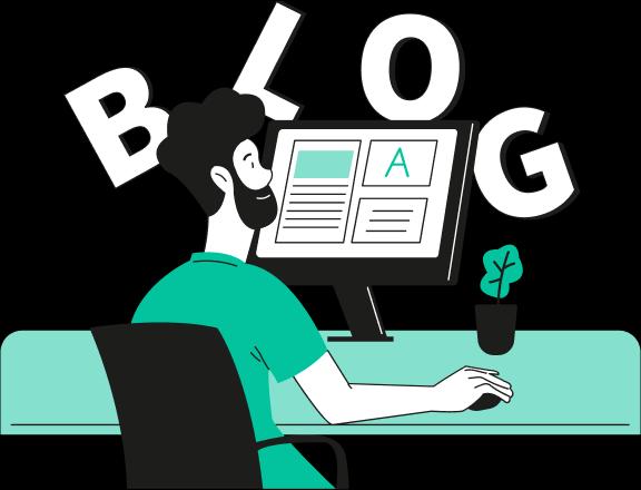 Ilustração de um homem visitando um blog pelo seu computador