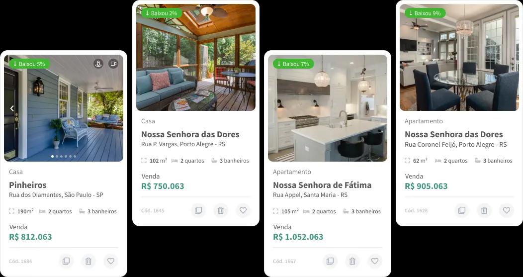Interface de cards de imóveis de um site imobiliário do sistema Jetimob
