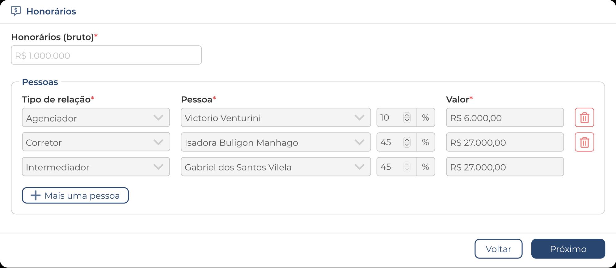 Interface de honorários no sistema Jetimob