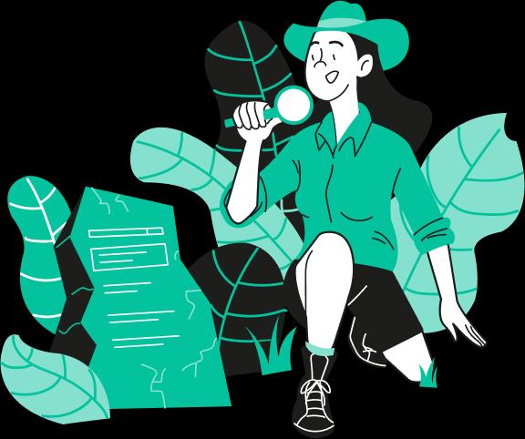 Ilustração de uma mulher explorando uma floresta