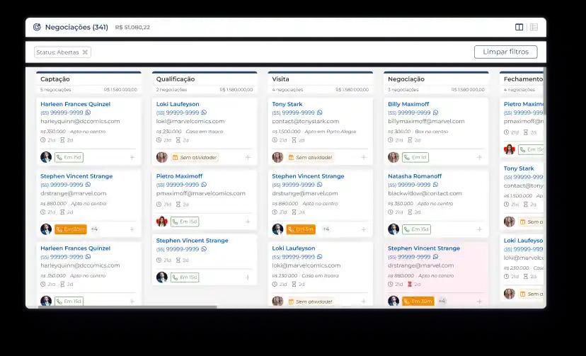 Interface do kanban de negociações do sistema Jetimob