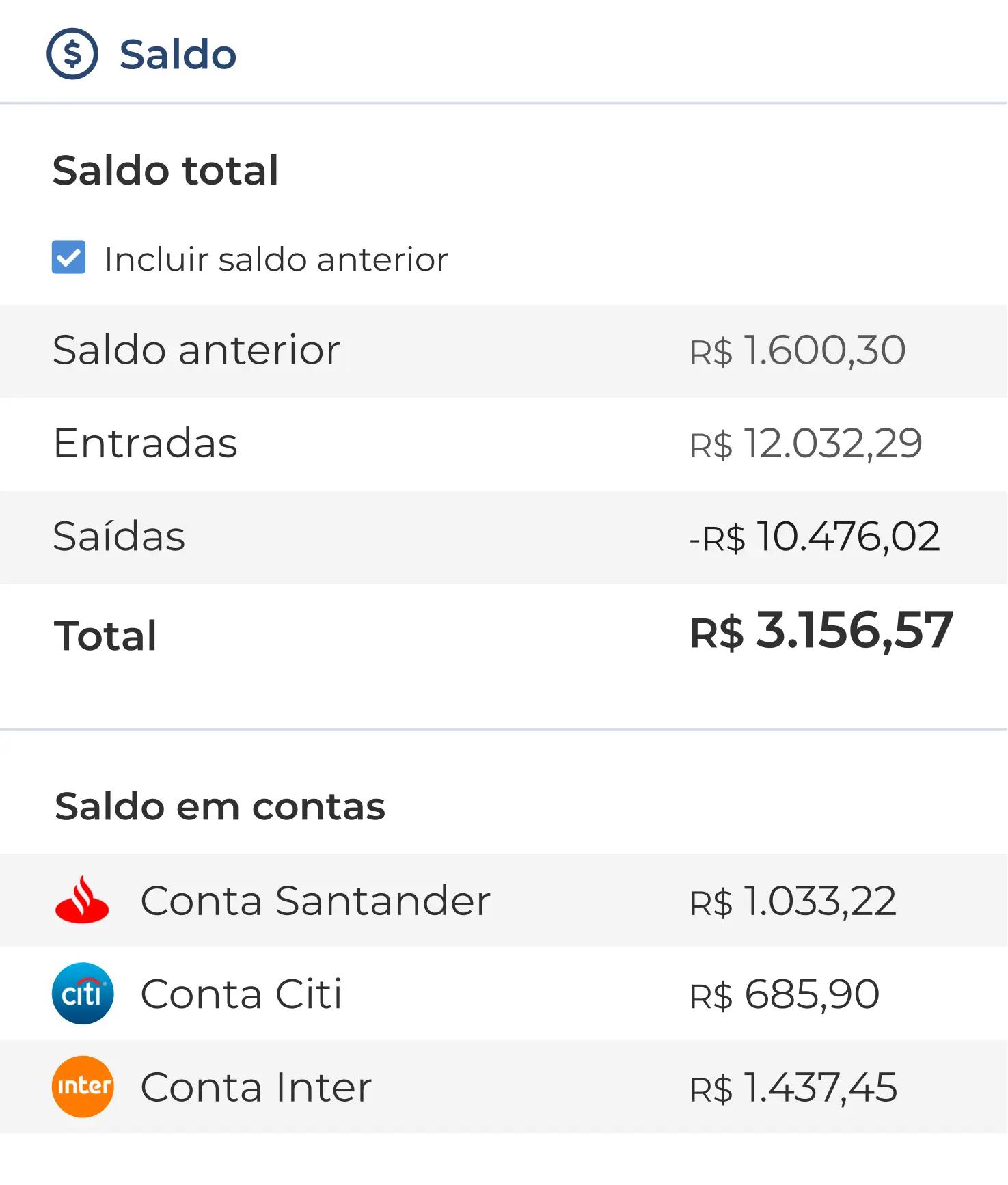 Interface de saldo de contas do sistema Jetimob