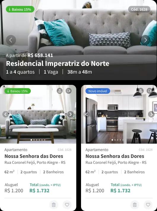 Cards de imóveis do site imobiliário Jetimob