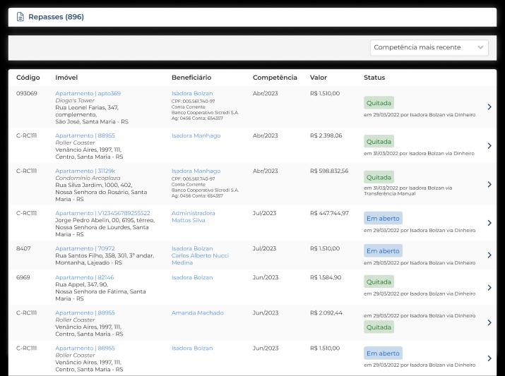 Imagem da interface de repasses do sistema Jetimob.