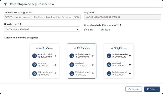 Captura de tela da interface de contratação de seguros incêndio no sistema Jetimob