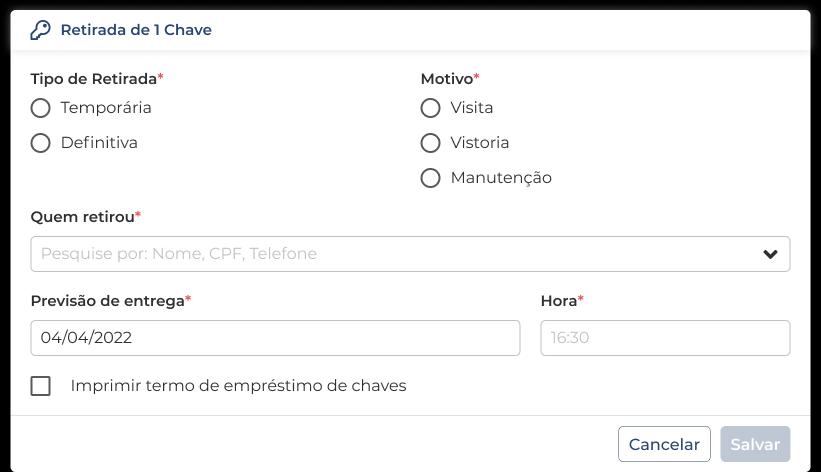 Captura de tela da interface de chaves no sistema Jetimob