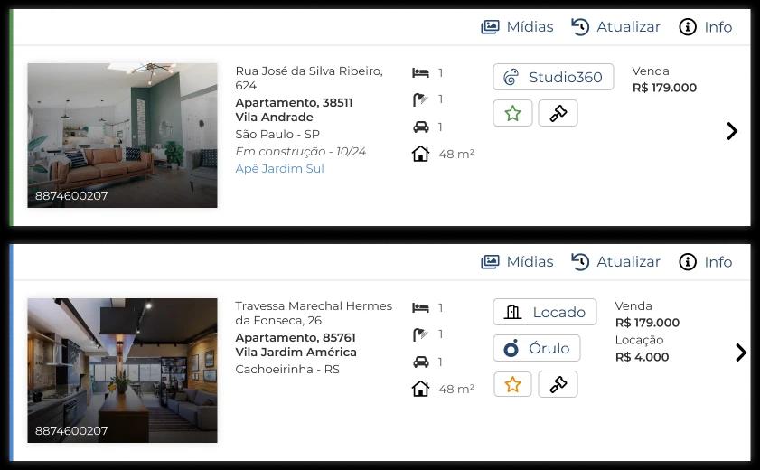 Captura de tela da interface de imóveis exclusivos no sistema Jetimob