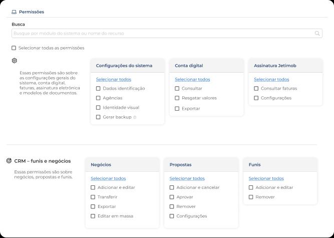 Captura de tela da interface de permissões no sistema Jetimob
