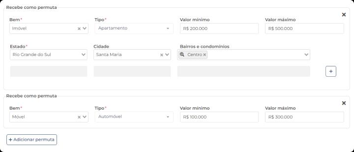 Captura de tela da interface de permutas no sistema Jetimob