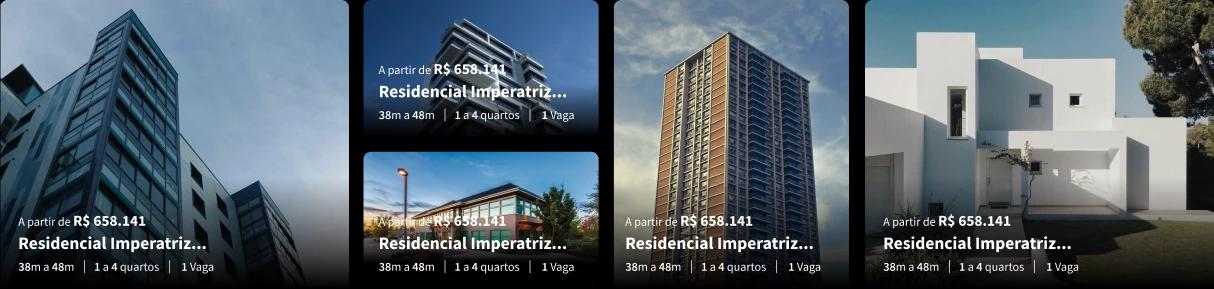 Interface de cards de condomínios em um site imobiliário do sistema Jetimob
