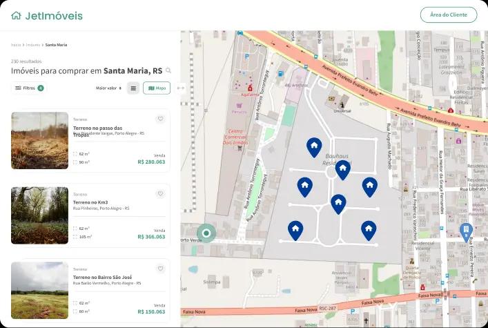 Interface de mapa de lotes em um site imobiliário do sistema Jetimob