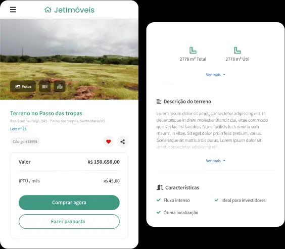 Interface de compra de terreno em um site do sistema da Jetimob