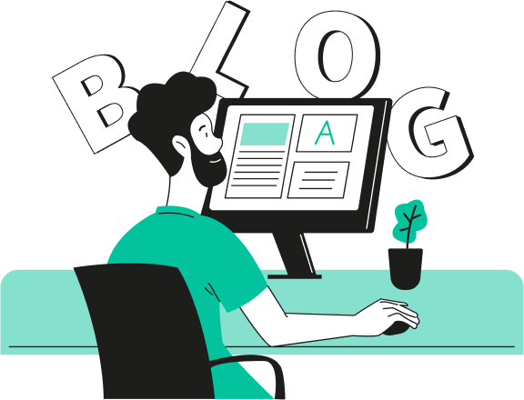 Ilustração de um homem visitando um blog pelo seu computador
