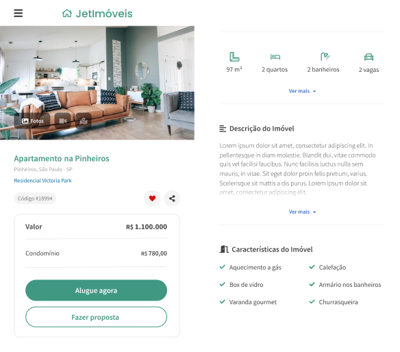Interface de card de imóvel de um site imobiliário do sistema Jetimob
