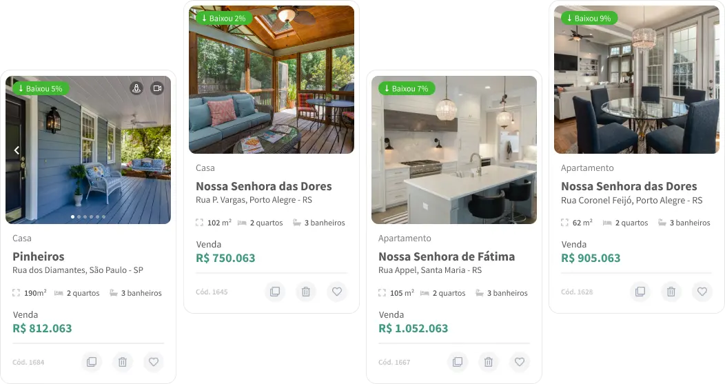 Interface de cards de imóveis de um site imobiliário do sistema Jetimob