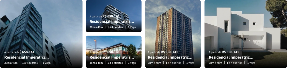 Interface de cards de condomínios em um site imobiliário do sistema Jetimob