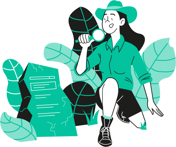 Ilustração de uma mulher explorando uma floresta