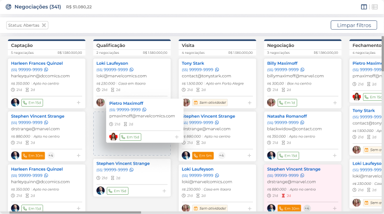 Interface do kanban de negociações do sistema Jetimob