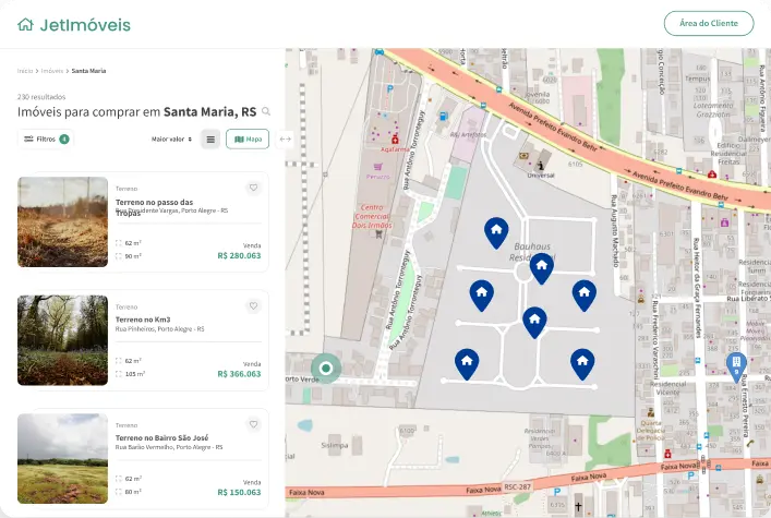 Interface de mapa de lotes em um site imobiliário do sistema Jetimob