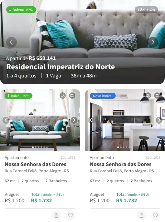 Cards de imóveis do site imobiliário Jetimob