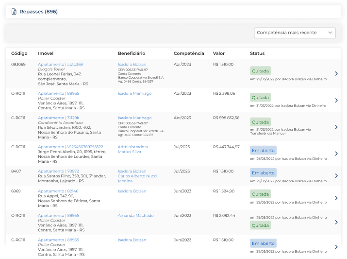 Interface de repasses do sistema Jetimob