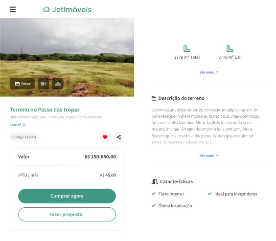 Interface de compra de terreno em um site do sistema da Jetimob