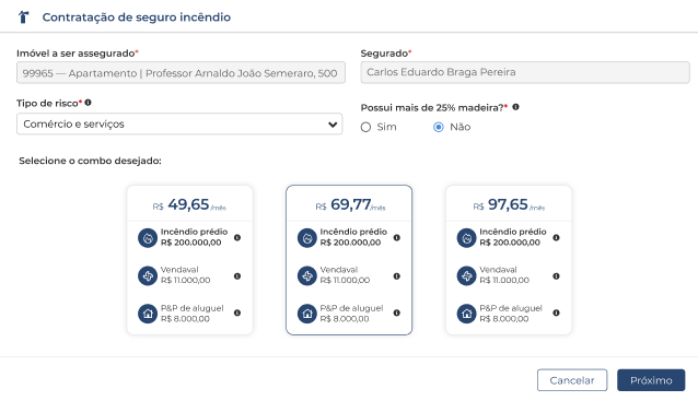 Captura de tela da interface de contratação de seguros incêndio no sistema Jetimob