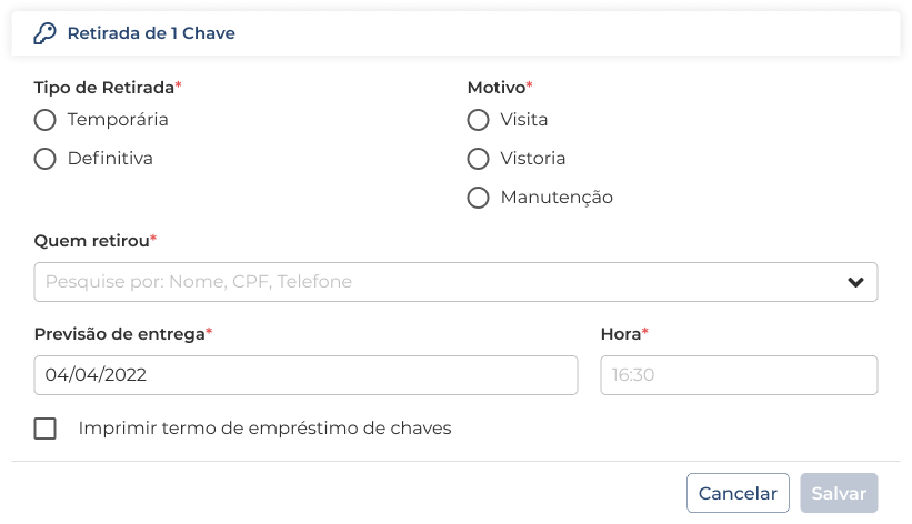 Captura de tela da interface de chaves no sistema Jetimob