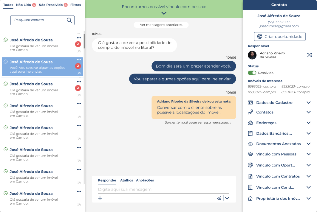 Captura de tela da interface de chat com leads no sistema Jetimob