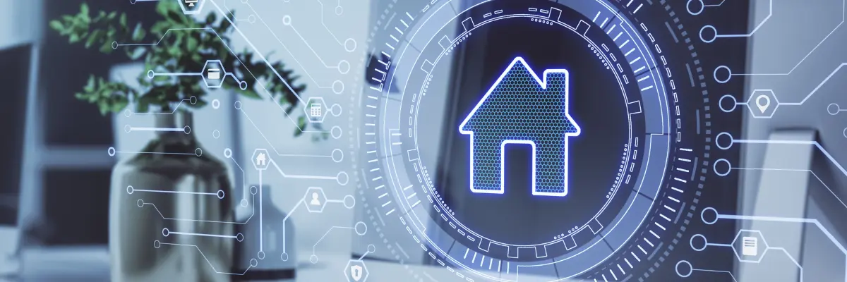 Imagem de uma casa inteligente com o controle no computador.