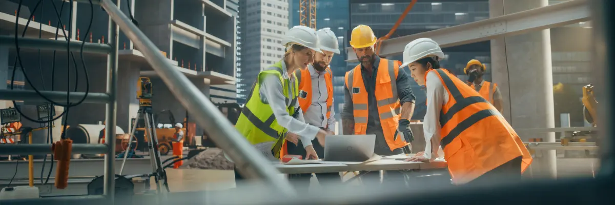 Engenheiros civis analisando projeto da construção de um prédio comercial.
