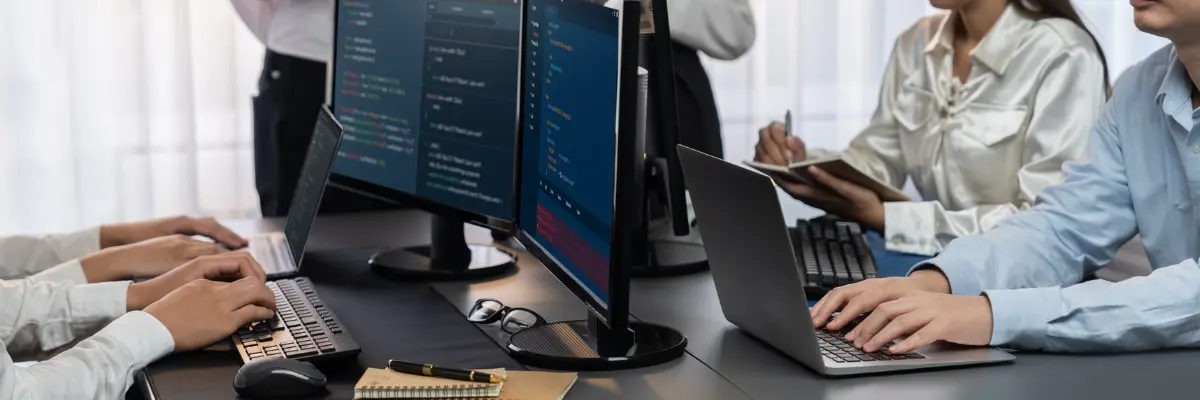 Imagem de uma mesa com vários computadores e pessoas trabalhando.