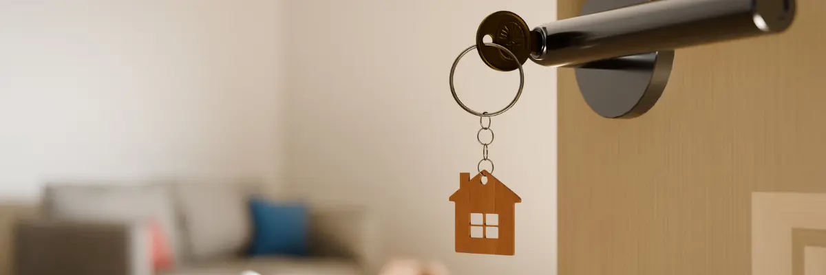 Imagem da chave de uma casa na porta de um apartamento.