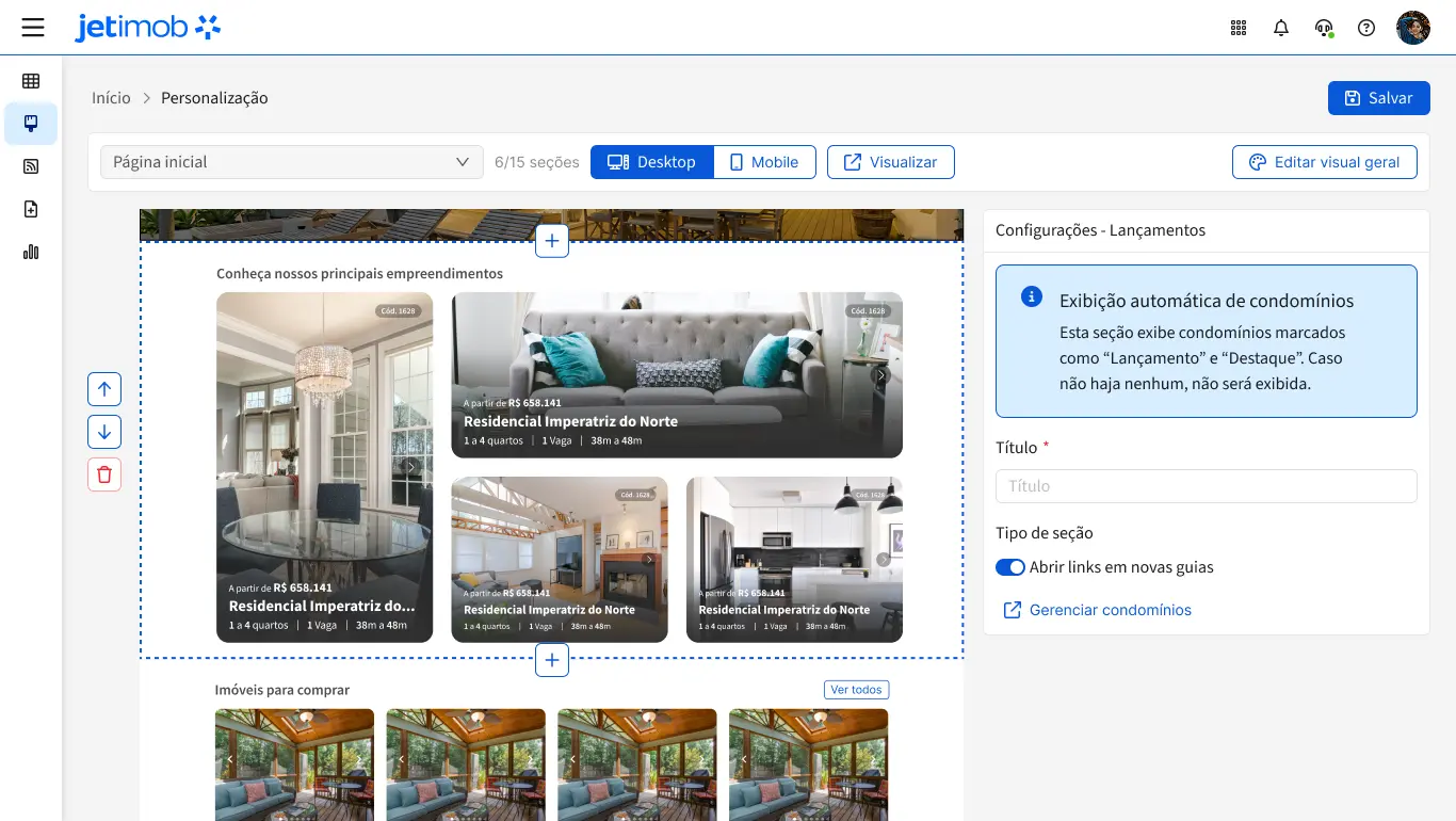 Imagem do editor de site do sistema imobiliário da Jetimob.