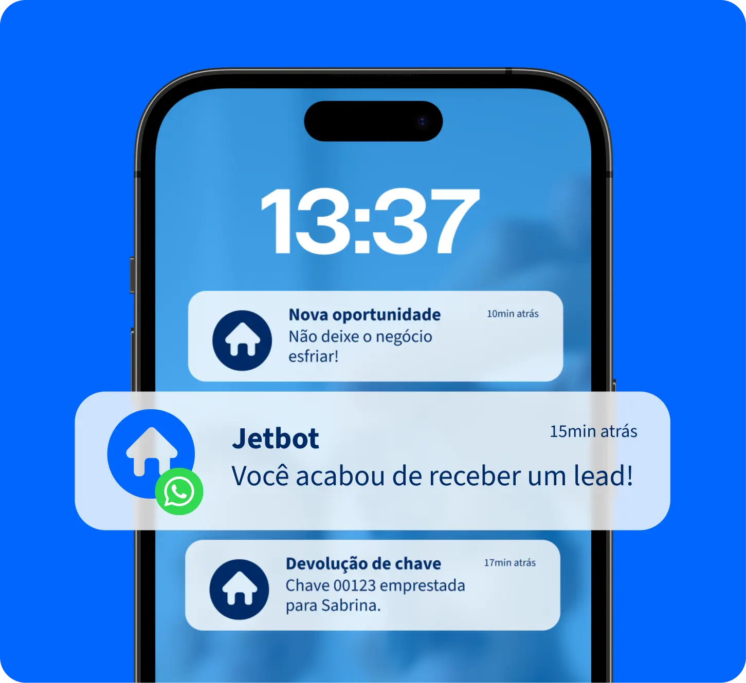 Imagem de um celular recebendo as notificações enviadas pelo CRM da Jetimob.