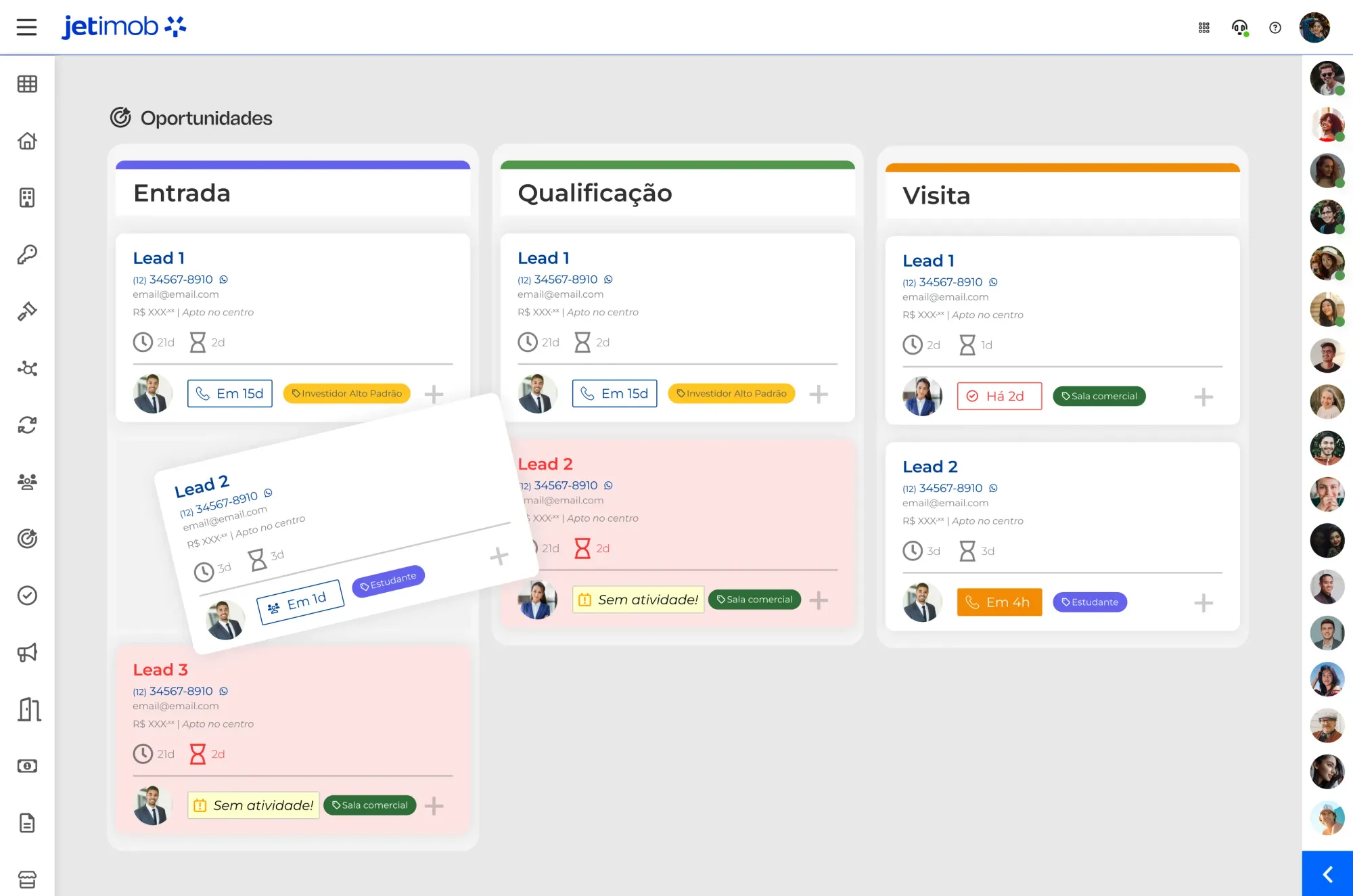 Imagem do pipeline de vendas no sistema para imobiliária da Jetimob.