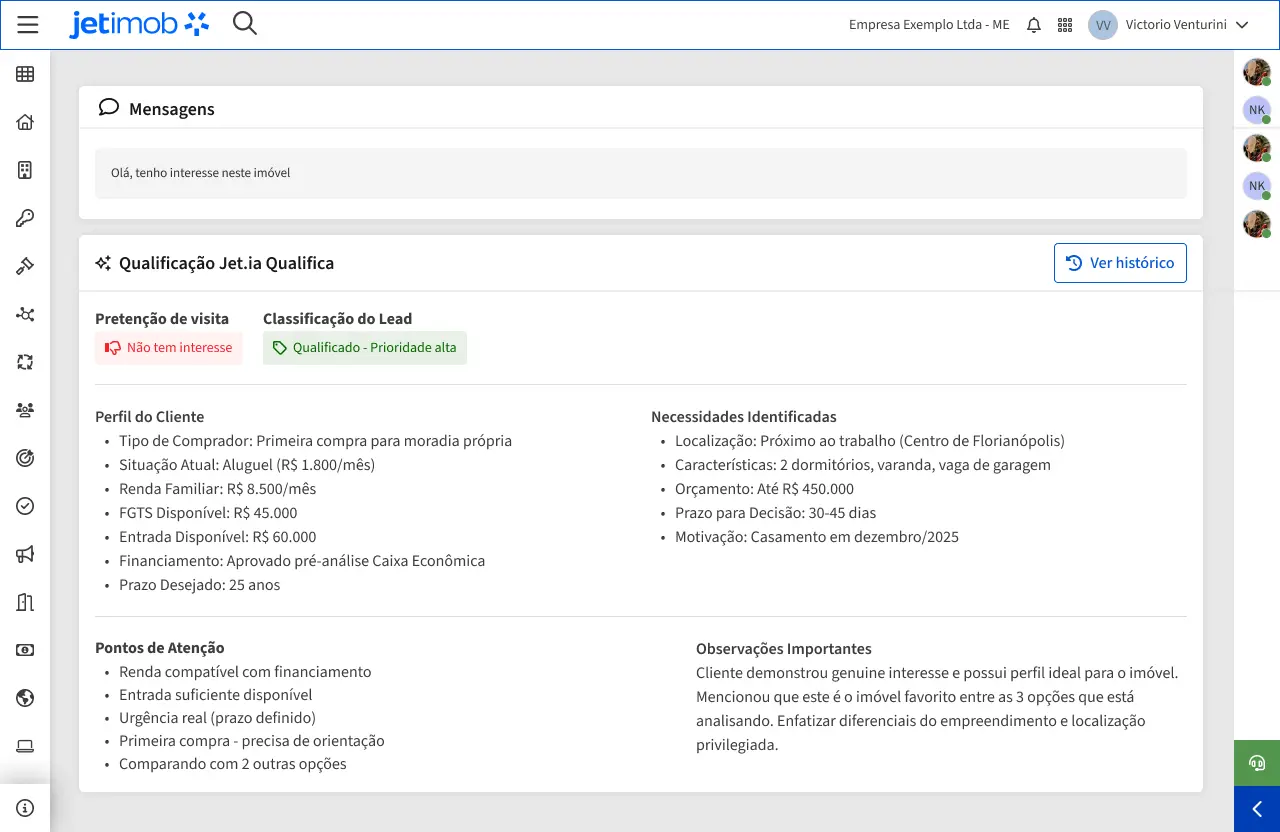 Imagem da Jet.ia SDR fazendo a qualificação dos leads no sistema para imobiliária da Jetimob.