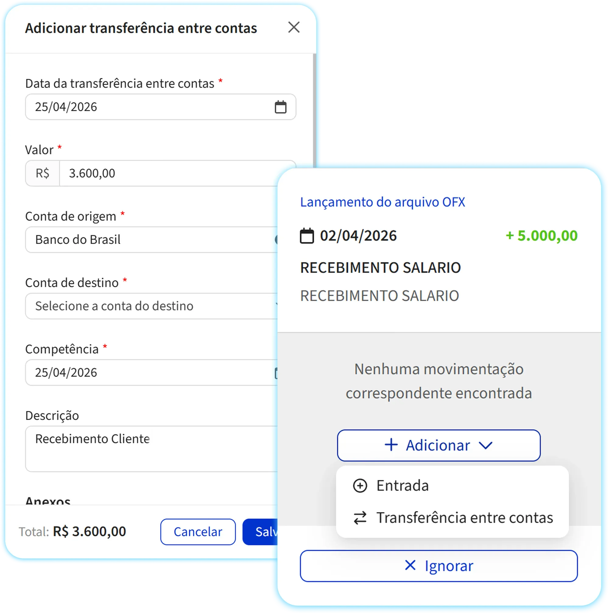 Imagem do módulo de Gestão Financeira da Jetimob, da parte de transferência entre contas.
