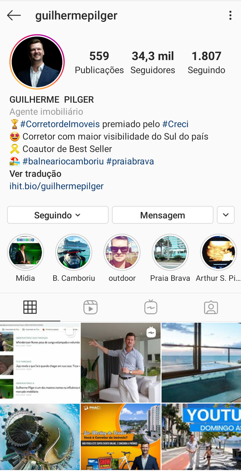 Biografia no Instagram do corretor de imóveis Guilherme Pilger