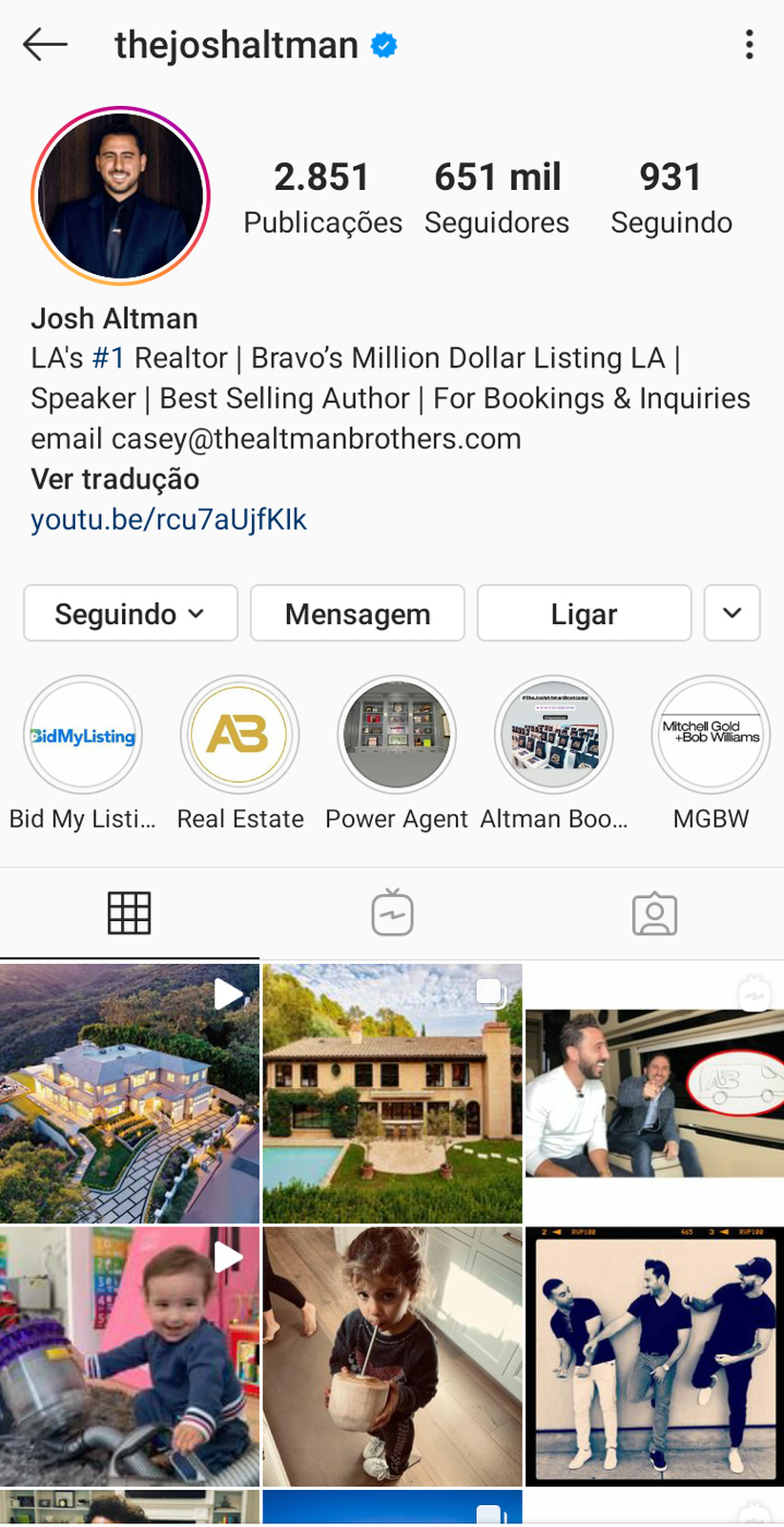 Biografia no Instagram do corretor de imóveis Josh Altman