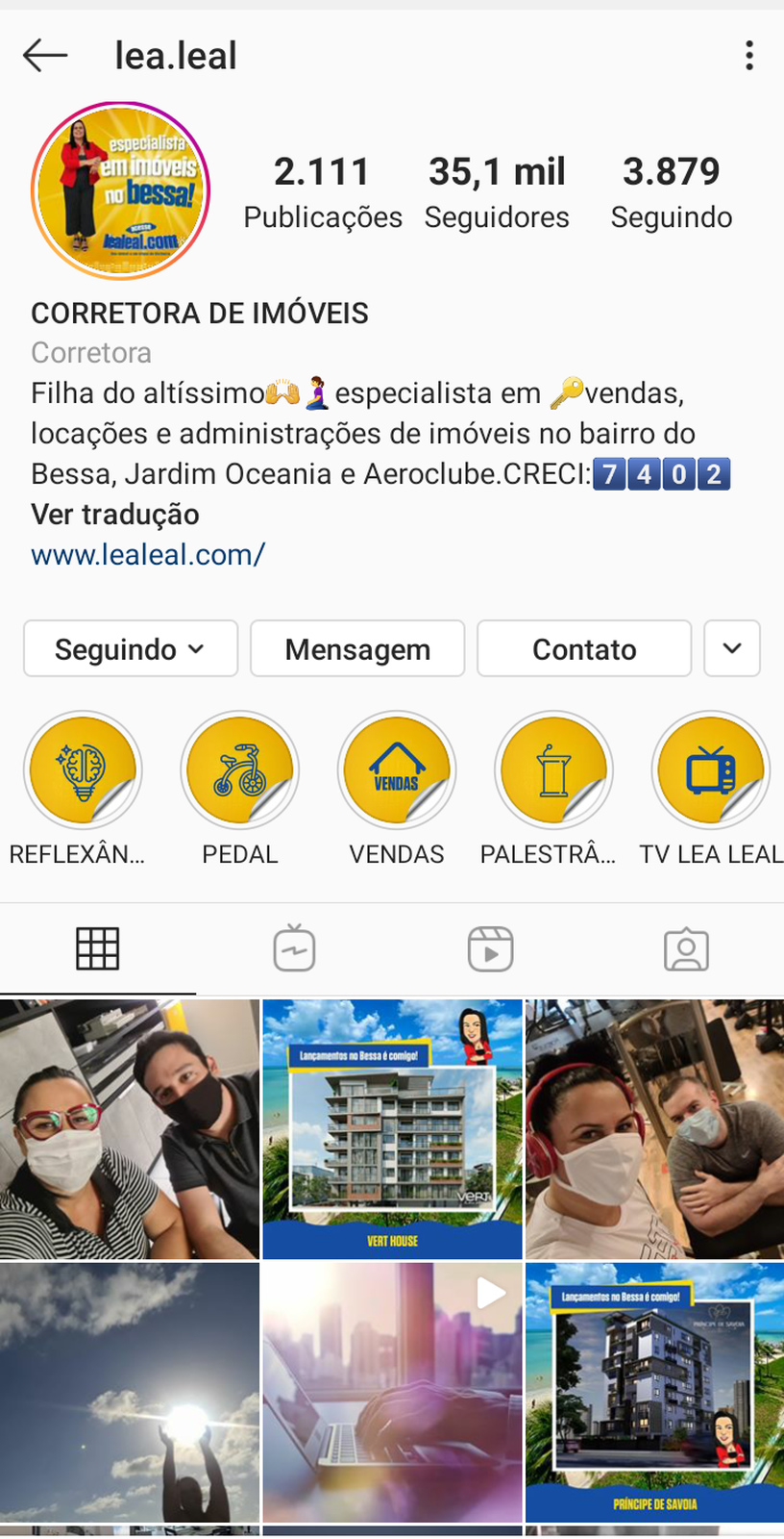 Biografia no Instagram da corretora de imóveis Lea Leal