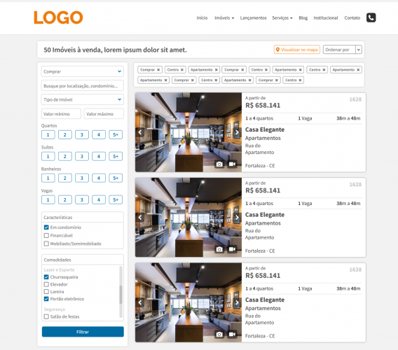 Página de pesquisa dos imóveis modelo de site imobiliário jetimob